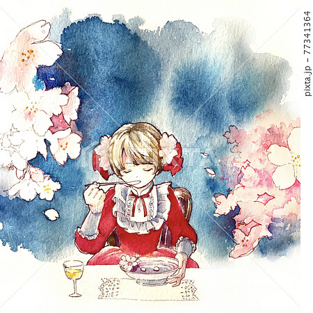 スープを飲む女の子のイラスト全体版のイラスト素材