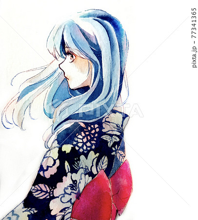 浴衣を着た青い髪の女の人水彩イラストのイラスト素材