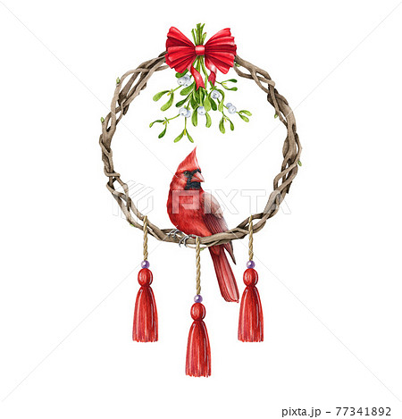 Winter festive rustic wreath with red cardinal bird, mistletoe. Watercolor illustration. Beautiful round season decorative vine frame with mistletoe, red boho style pendants. On white background Winter festive rustic wreath with red cardinal bird, mistletoe. Watercolor illustration. Beautiful round season decorative vine frame with mistletoe, red boho style pendants. On white background 77341892