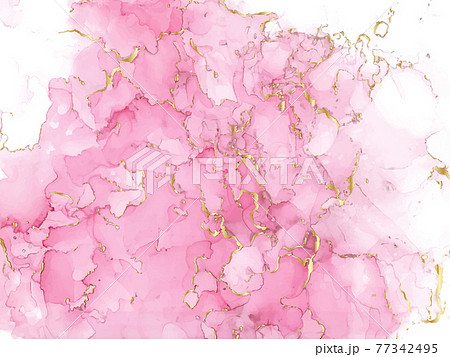 Pink watercolor fluid painting vector design card. Dusty rose and golden marble geode frame. Spring wedding invitation. Pink alcohol ink. Dye splash style. Vector 77342495