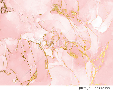 Pink watercolor fluid painting vector design card. Dusty rose and golden marble geode frame. Spring wedding invitation. Pink alcohol ink. Dye splash style. Vector 77342499