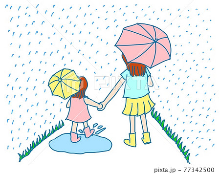 雨が降る道を傘をさして歩く母親と娘 姉妹 のイラスト素材