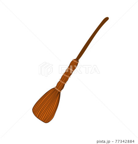 Old witch magic broom hand drawn isolated vector illustration, Halloween party design element, a witch tool for Halloween or a cleaning household appliance, holiday symbol 77342884