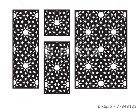 Islamic arabic laser cut pattern. Decorative panel, screen,wall. Vector cnc panels set for laser cutting. Template for interior partition, room divider, privacy fence Islamic arabic laser cut pattern. Decorative panel, screen,wall. Vector cnc panels set for laser cutting. Template for interior partition, room divider, privacy fence 77343125