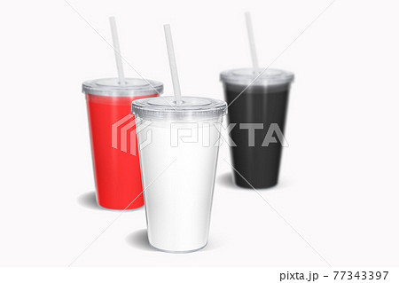 Blank colored disposable cup with straw mock up, isolated. paper soda drinking mug mockup with lid and tube front view. Clear soft drink take away plastic package.3D rendering. 77343397