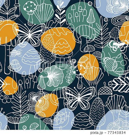 Forest elements seamless pattern. Doodle graphic. Mushrooms, insects and leaves. Scandinavian kid style. Vector illustration 77343834