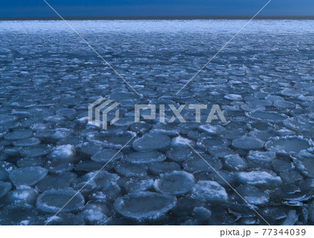 アメリカ　ニューヨーク州　オンタリオ湖　凍った　丸い流氷　湖 77344039