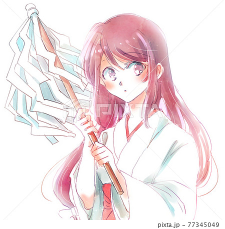 御幣を持っている巫女さん 77345049