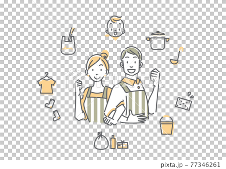 共働き夫婦の家事分担イメージ　シンプルでお洒落な線画イラスト 77346261