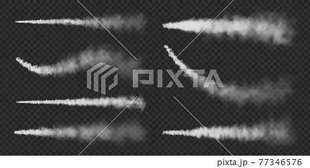 Realistic airplane condensation trails. Space rocket launch. Missile or bullet trail. Jet aircraft tracks. White smoke clouds, fog. Steam flow. Vector illustration. 77346576