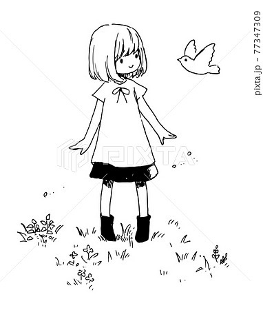 小鳥と芝生に立つ女の子 ペン画 落書きのイラスト素材