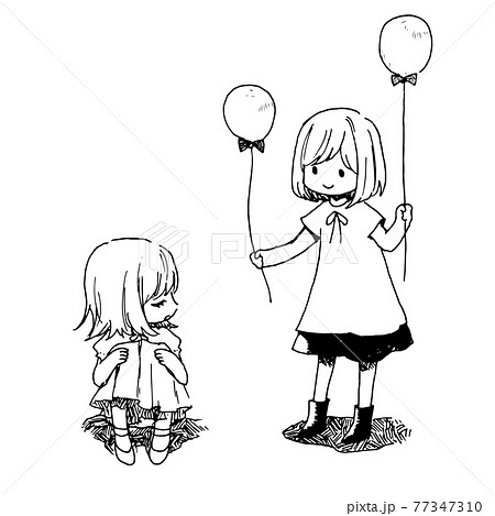 風船をプレゼントする女の子 ペン画 落書きのイラスト素材