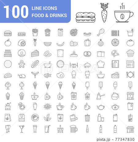 100 Food and Drinks Line Icons 77347830
