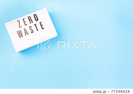 Lightbox with words Zero waste on a blue background, zero waste or plastic free concept, horizontal 77348428