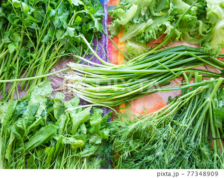 top view of various kithen herbs dry on towel 77348909