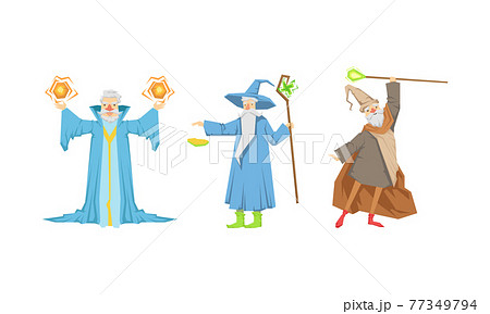 Wizard or Sorcerer as Wise Old Man with White Beard and Pointed Hat Performing Magic Vector Set 77349794