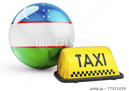 Taxi service in Uzbekistan concept. Yellow taxi car signboard with Uzbek flag, 3D rendering 77351039
