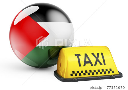 Taxi service in Palestine concept. Yellow taxi car signboard with Palestinian flag, 3D rendering 77351070