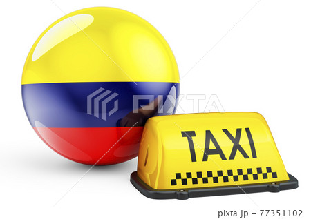 Taxi service in Colombia concept. Yellow taxi car signboard with Colombian flag, 3D rendering 77351102
