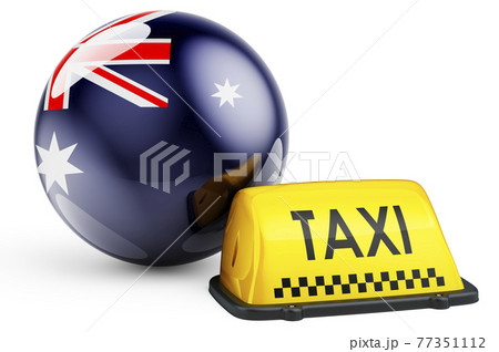 Taxi service in Australia concept. Yellow taxi car signboard with Australian flag, 3D rendering Taxi service in Australia concept. Yellow taxi car signboard with Australian flag, 3D rendering 77351112