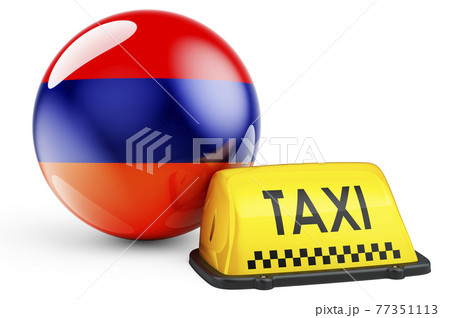Taxi service in Armenia concept. Yellow taxi car signboard with Armenian flag, 3D rendering Taxi service in Armenia concept. Yellow taxi car signboard with Armenian flag, 3D rendering 77351113