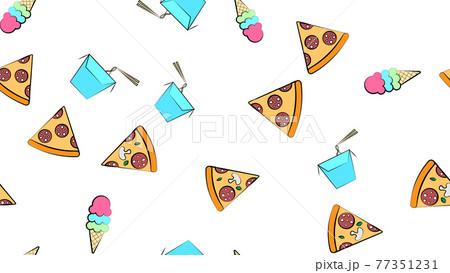Seamless endless pattern of different delicious hearty hot pizzas, noodles, ice cream fast food on a white background. Texture 77351231