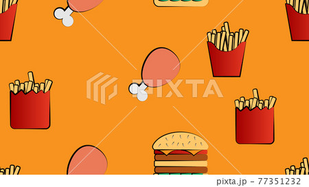 Seamless endless pattern of different delicious hearty hot fries, hamburgers, fast food chicken legs on an orange background. Texture Seamless endless pattern of different delicious hearty hot fries, hamburgers, fast food chicken legs on an orange background. Texture 77351232