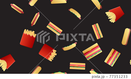 Seamless endless pattern of assorted delicious satisfying hot hot dogs, sandwiches, fast food fries on a black background. Texture Seamless endless pattern of assorted delicious satisfying hot hot dogs, sandwiches, fast food fries on a black background. Texture 77351233