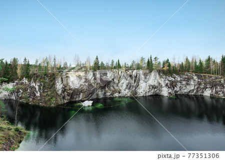 Marble canyon in Mining park Ruskeala at autumn 77351306