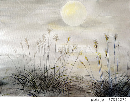 秋の名月　満月　ススキ　水彩画 77352272