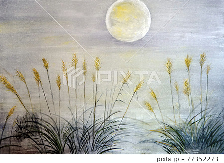 秋の名月 満月 ススキ 日本画のイラスト素材