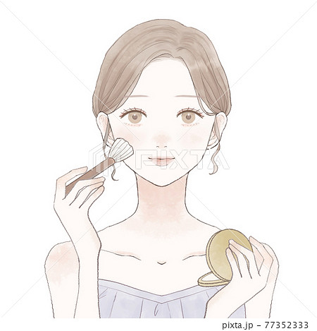 パウダリーファンデーションをメイクブラシで顔に塗る女性のイラスト素材