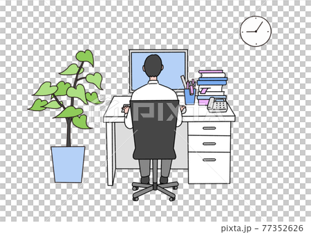 オフィスのデスクでパソコン仕事をしている後ろ姿の男性のイラスト素材