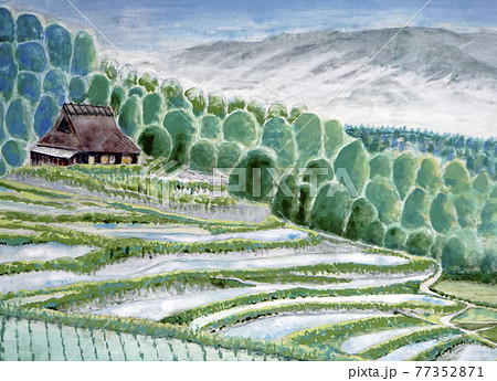 棚田 山水河 75cm 水墨風景画 里山風景 故郷 農村 北陸地方 日本の原風景