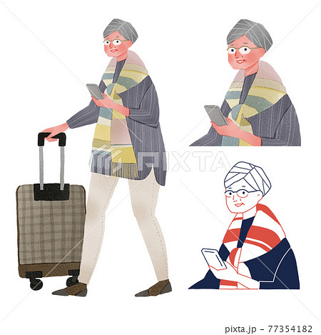 旅行に出かける高齢者の女性全身手描きイラストのイラスト素材