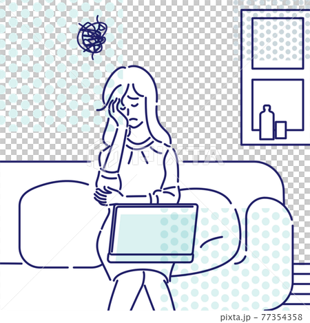 Telework living room worried woman 77354358