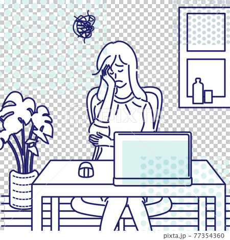 Telework living room worried woman 77354360