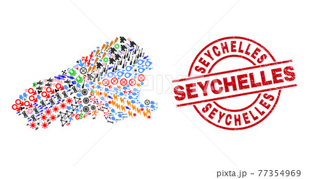 Seychelles Scratched Stamp Seal and Kahoolawe Island Map Mosaic of Different Symbols Seychelles Scratched Stamp Seal and Kahoolawe Island Map Mosaic of Different Symbols 77354969