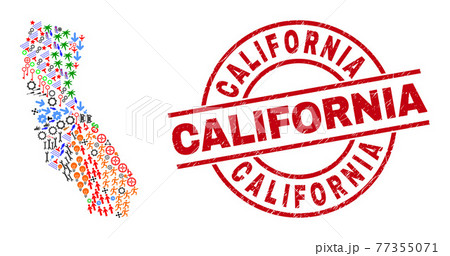 California Textured Watermark and California State Map Mosaic of Different Items California Textured Watermark and California State Map Mosaic of Different Items 77355071