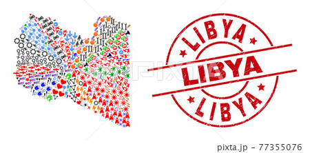 Libya Grunge Seal and Libya Map Collage of Different Symbols Libya Grunge Seal and Libya Map Collage of Different Symbols 77355076