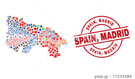 Spain, Madrid Distress Badge and La Rioja of Spain Map Collage of Different Icons Spain, Madrid Distress Badge and La Rioja of Spain Map Collage of Different Icons 77355089