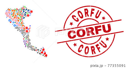 Corfu Scratched Badge and Corfu Island Map Collage of Different Pictograms Corfu Scratched Badge and Corfu Island Map Collage of Different Pictograms 77355091