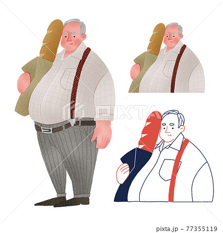 パンを持つ少し太った男性全身手描きイラストのイラスト素材