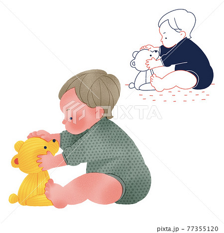 ぬいぐるみと遊ぶ赤ちゃん全身手描きイラストのイラスト素材