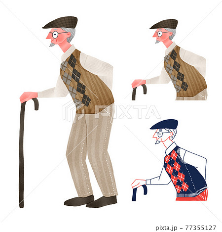 杖をつきながら歩く高齢者の男性全身手描きイラストのイラスト素材