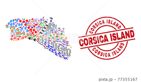 Corsica Island Distress Stamp Seal and Menorca Island Map Mosaic of Different Items 77355167