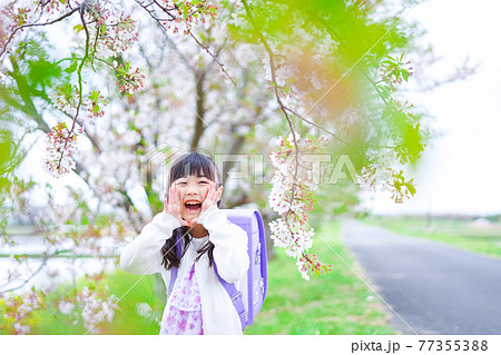 ランドセルを背負って叫ぶ小さな女の子 77355388