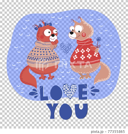 LOVE SQUIRREL Valentine Day Holiday Cartoon Animal Hand Drawn Flat Style Clip Art Vector Illustration Set For Print 77355865