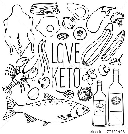 LOVE KETOGENIC Healthy Food Low Carb Diet Organic Proper Nutrition Monochrome Clip Art Vector Illustration Set For Print 77355968