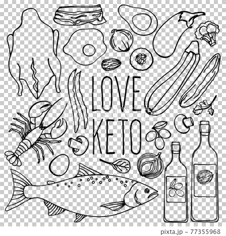 LOVE KETOGENIC Healthy Food Low Carb Diet Organic Proper Nutrition Monochrome Clip Art Vector Illustration Set For Print 77355968